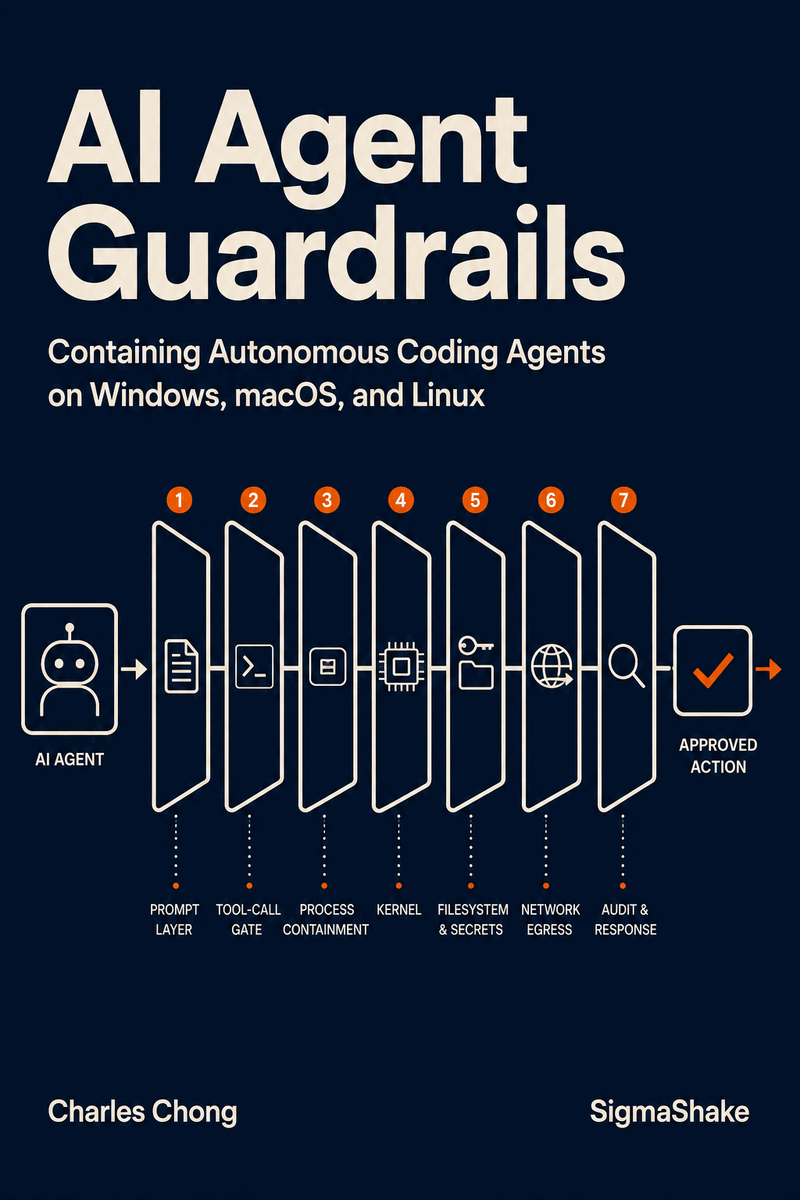 Cover of "AI Agent Guardrails" by Charles Chong: a seven-stage tool-call guardrail pipeline — prompt policy, tool-call gate, input validation, execution sandbox, output filter, confirmation check, and audit & logging — between an AI agent and an approved action. Published by SigmaShake.